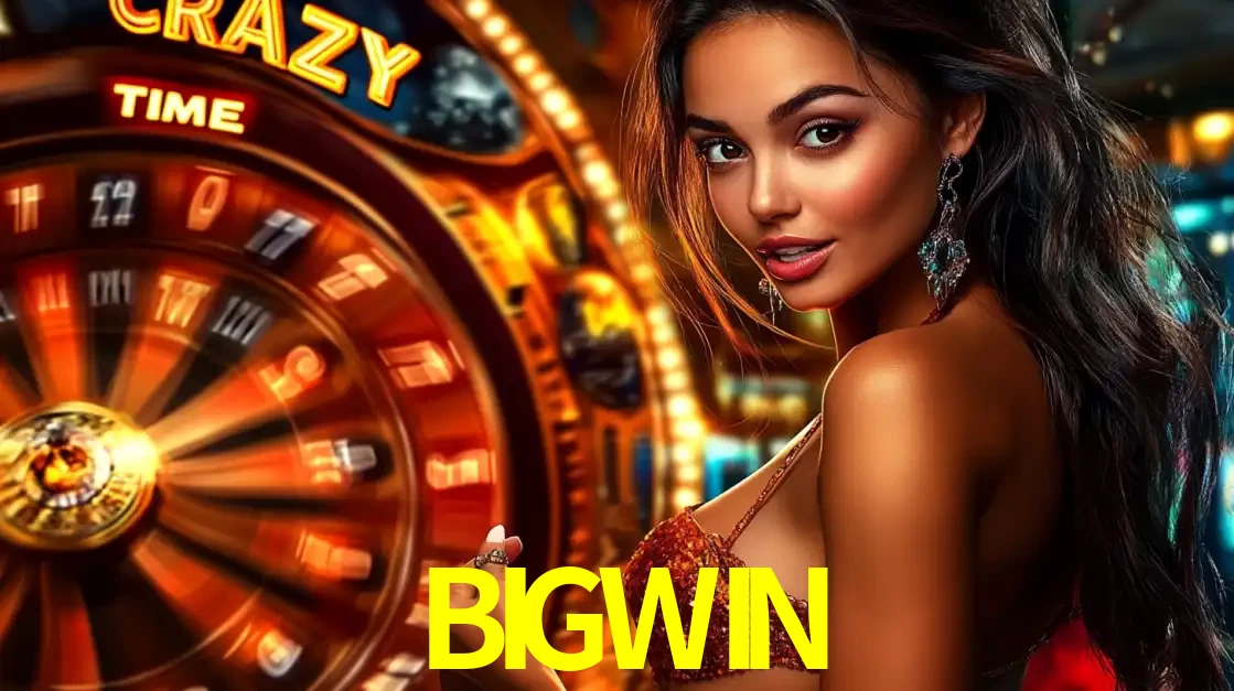 Mulher ao lado da roda de prêmios do jogo de cassino ao vivo Crazy Time, um dos shows de jogos mais emocionantes oferecidos pela plataforma de apostas BIGWIN.