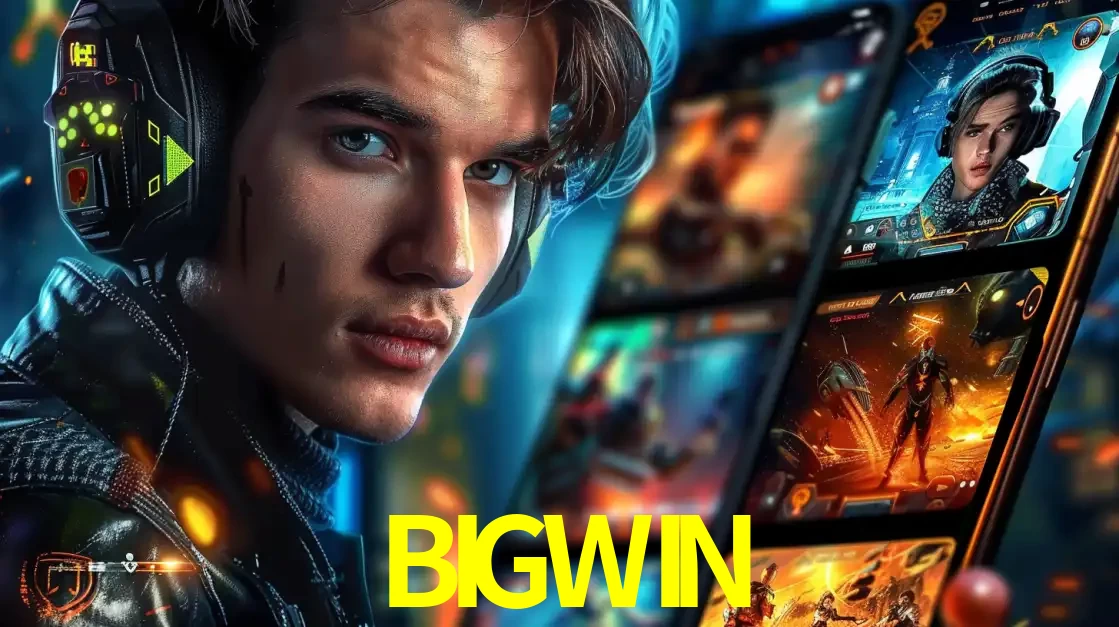 Jovem jogador com fones de ouvido olhando para a câmera, com um aplicativo de jogos e e-sports para celular ao fundo, pronto para a competição e apostas no BIGWIN.