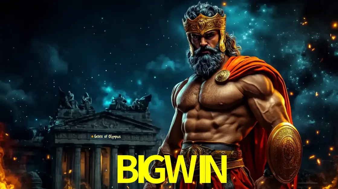 O poderoso Zeus do jogo de slot Gates of Olympus em frente ao seu templo, pronto para lançar multiplicadores divinos e prêmios épicos no cassino online BIGWIN.