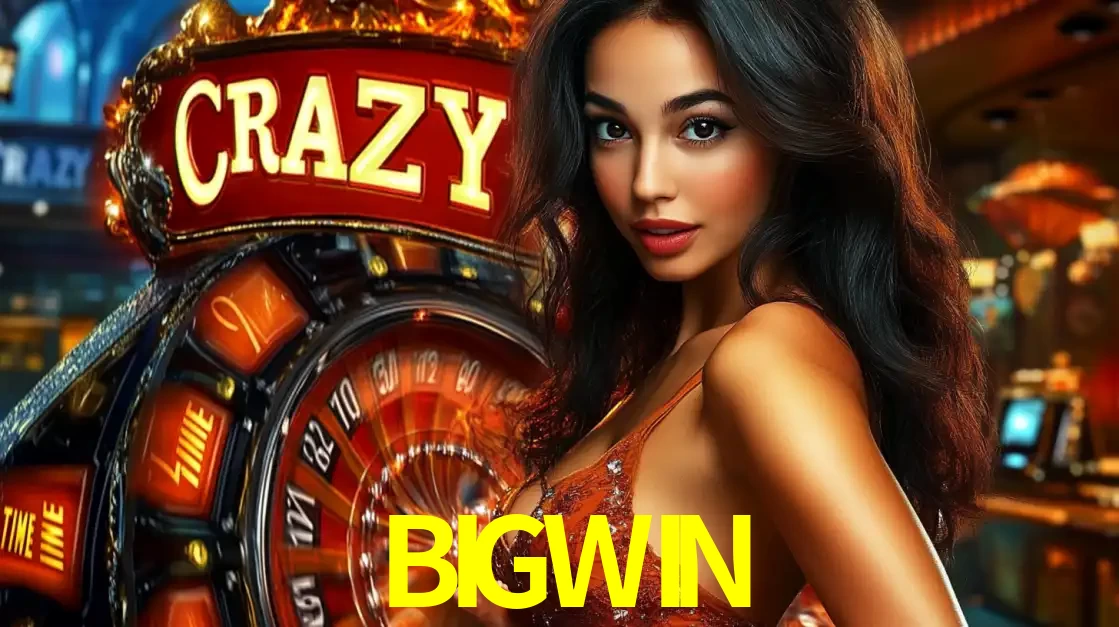 Mulher glamourosa olhando para a câmera com a roda vermelha do Crazy Time ao fundo em um ambiente de cassino, destacando a emoção dos jogos ao vivo no BIGWIN.