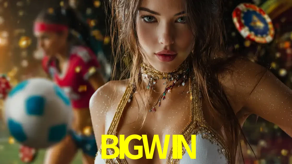 Mulher elegante representando a combinação de glamour e emoção das apostas esportivas, com uma jogadora de futebol ao fundo, destacando a ação no BIGWIN.