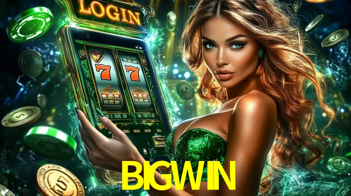 Mulher com tema verde apresentando o aplicativo do cassino BIGWIN com um jogo de slot de 777, cercada por fichas de cassino e uma aura de sorte.