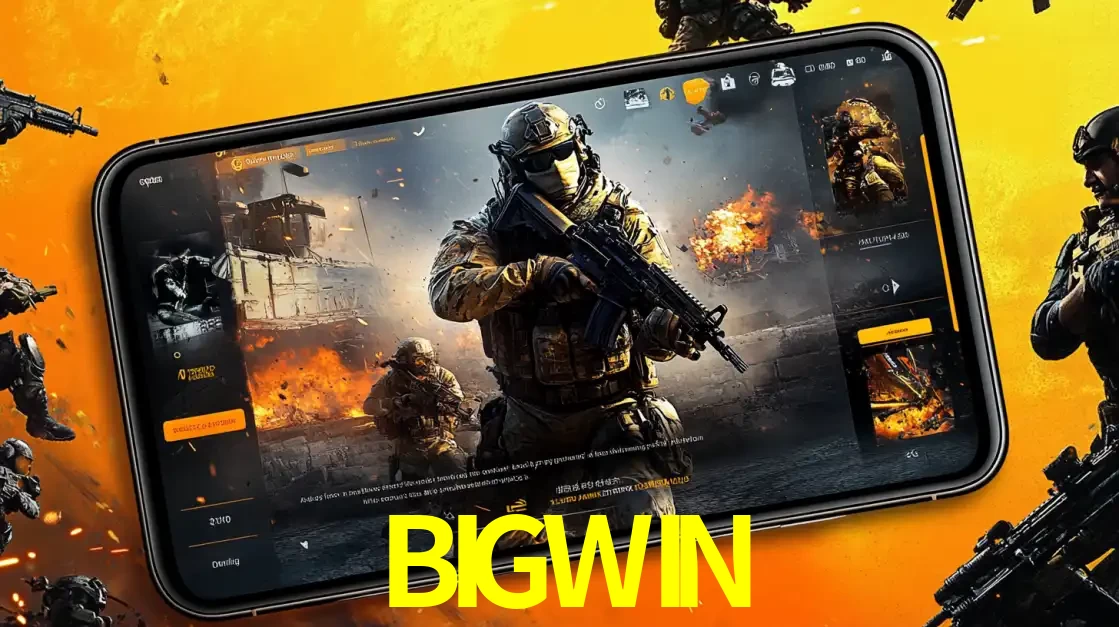 Um smartphone exibindo a interface de um jogo de tiro em primeira pessoa, com um soldado em um cenário de batalha, representando a ação dos e-sports para apostar no BIGWIN.