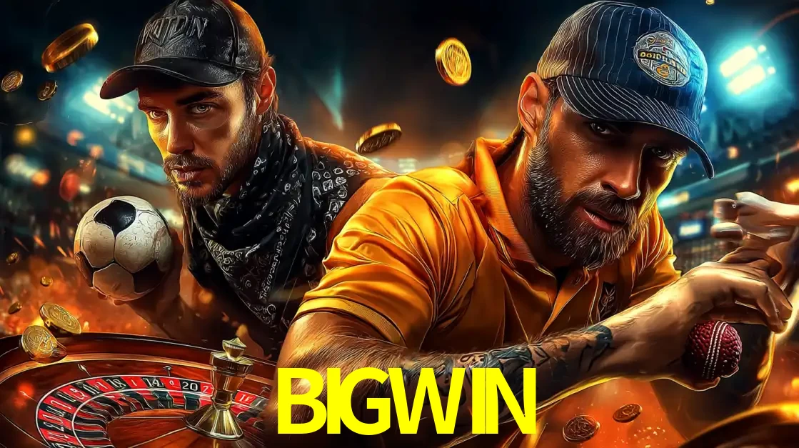 Montagem de apostas esportivas e cassino no BIGWIN, com um homem segurando uma bola de futebol e outro uma de beisebol sobre uma roleta e moedas voadoras.