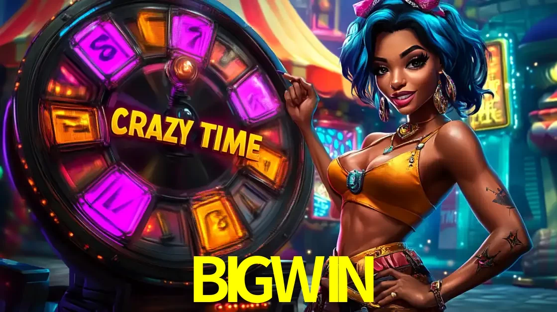 Mulher estilizada com cabelo azul e visual vibrante posando ao lado da roda de prêmios do game show Crazy Time, convidando para a diversão e os bônus do cassino BIGWIN.
