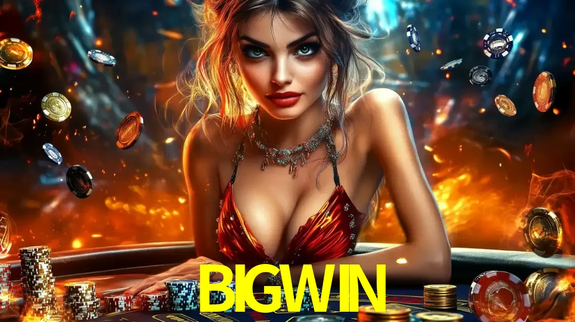 Mulher em uma mesa de cassino com pilhas de fichas e um fundo de fogo, pronta para uma rodada de altas apostas nos jogos de mesa emocionantes do cassino BIGWIN.