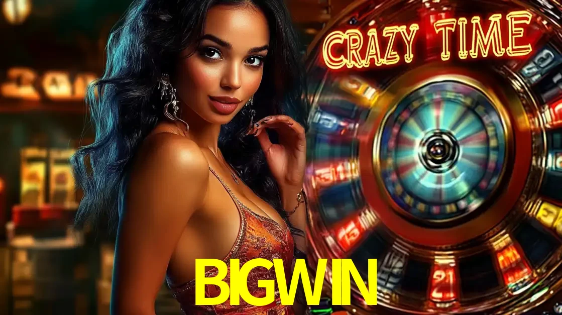 Mulher elegante ao lado da vibrante roda da fortuna do jogo de cassino ao vivo Crazy Time, um dos game shows mais populares e cheios de prêmios do BIGWIN.