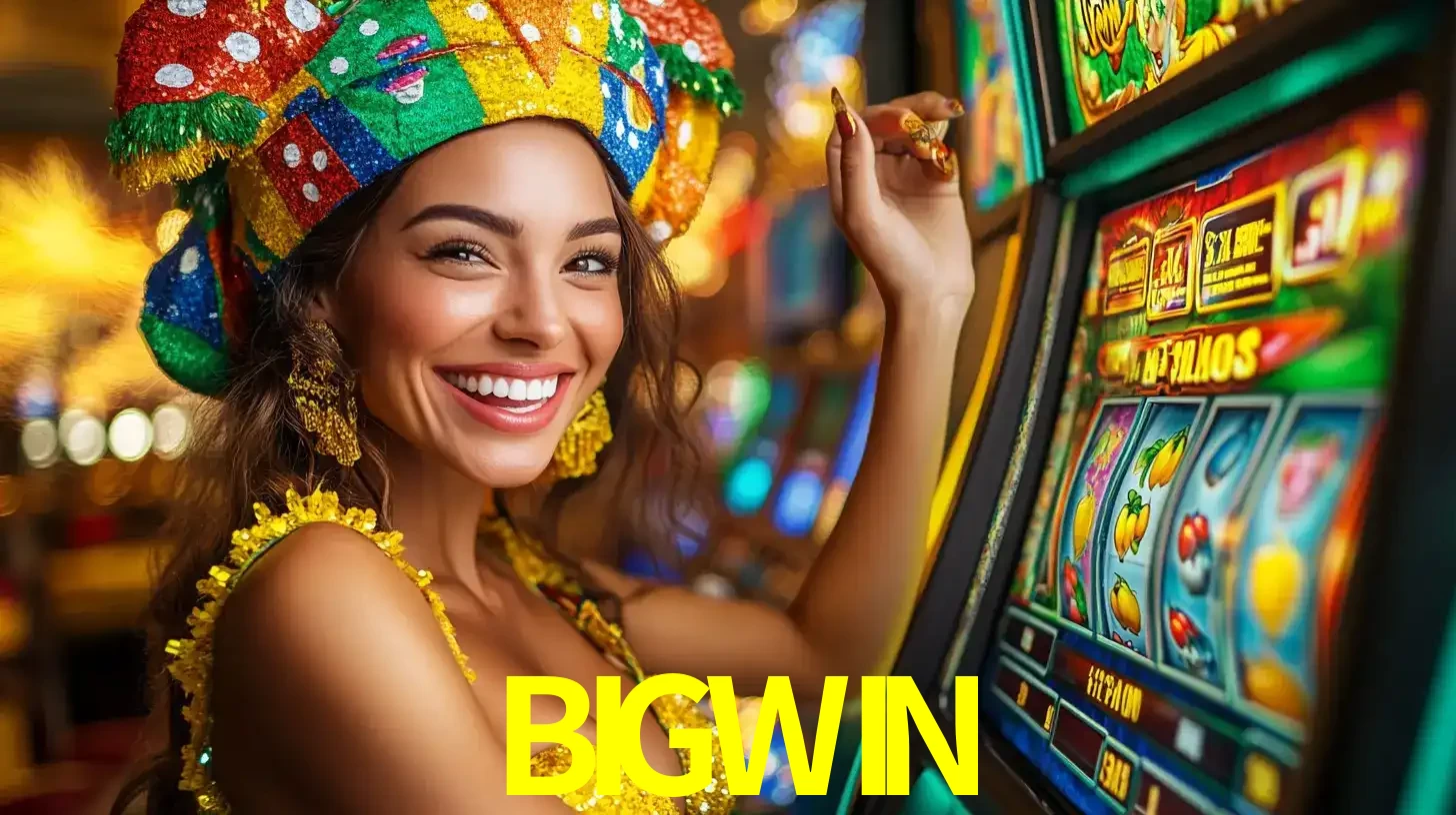 Mulher feliz com traje de carnaval amarelo e colorido ao lado de uma máquina de caça-níqueis, aproveitando a diversão e os jogos temáticos do cassino BIGWIN.