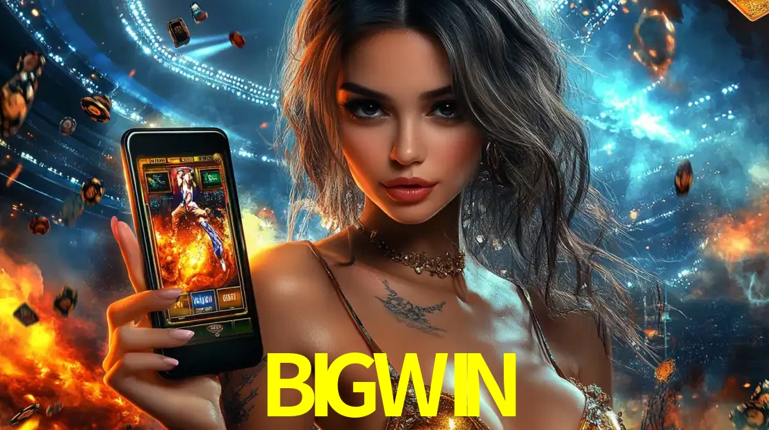 Mulher segurando um celular com um jogo de slot em destaque, tendo como fundo um estádio vibrante, simbolizando a emoção de jogar no cassino móvel BIGWIN.