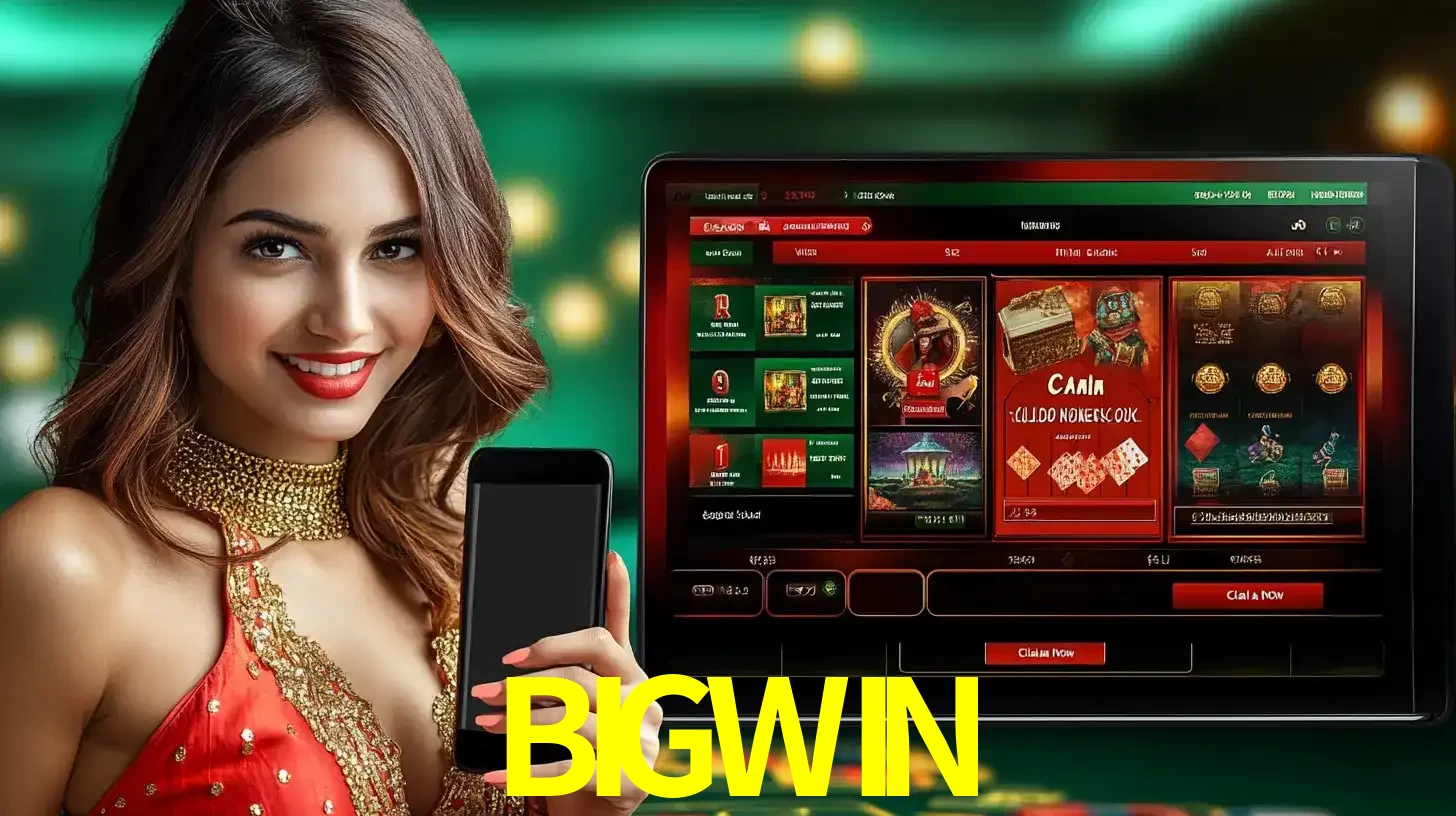 Mulher sorridente segurando um smartphone, ao lado de uma tela exibindo o lobby de jogos do cassino online BIGWIN, com várias opções de jogos de cartas e slots.